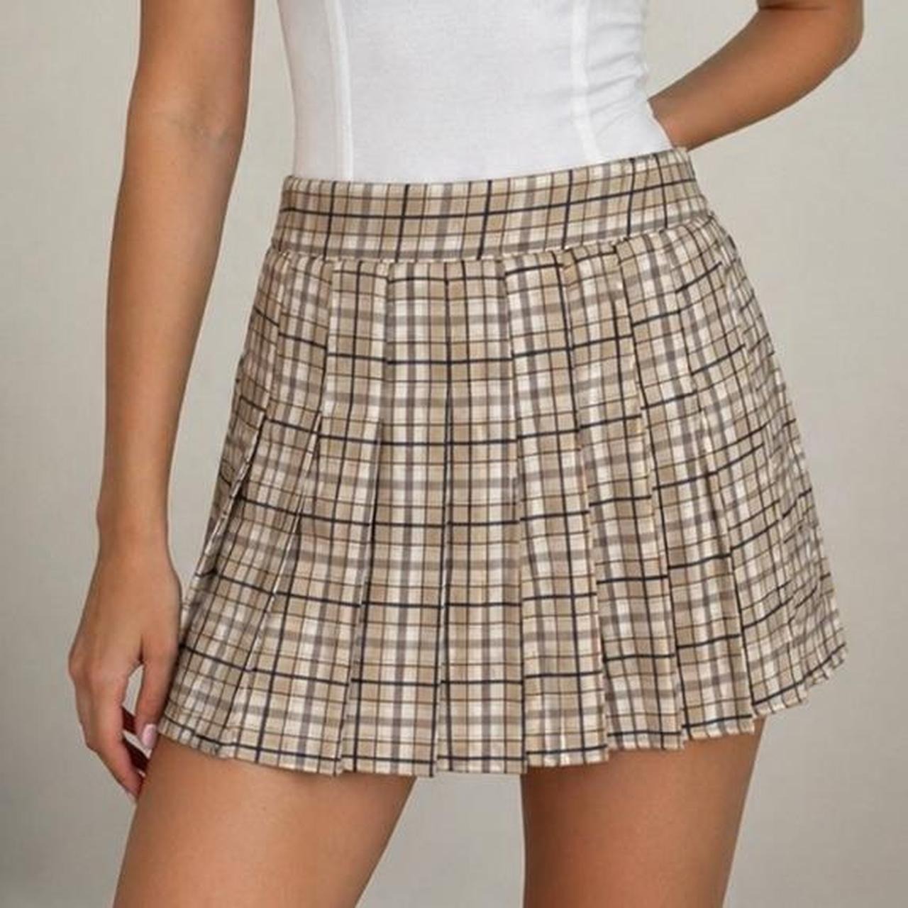 Beige Plaid Pleated Mini Skirt